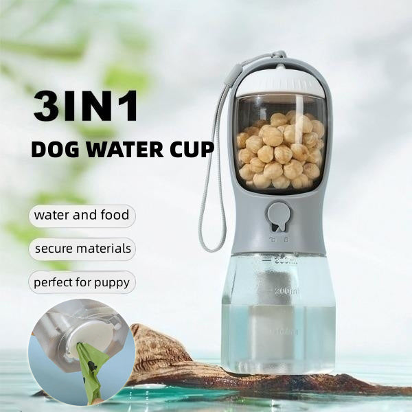 Travel Dog Water Bottle 3-in-1 – Water Dispenser, Snack Holder & Waste Bag Storage