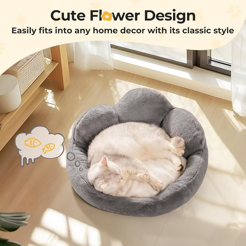 Ultra-Soft Flower Cat Bed – 360° Support Donut Cushion with Faux Rabbit Fur & Non-Slip Base