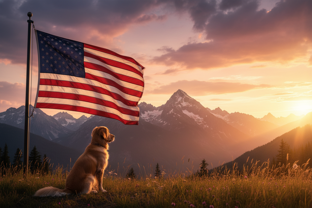 American flag with mountains in the background and a dog during sunset