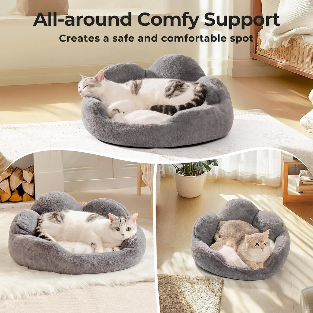 Ultra-Soft Flower Cat Bed – 360° Support Donut Cushion with Faux Rabbit Fur & Non-Slip Base