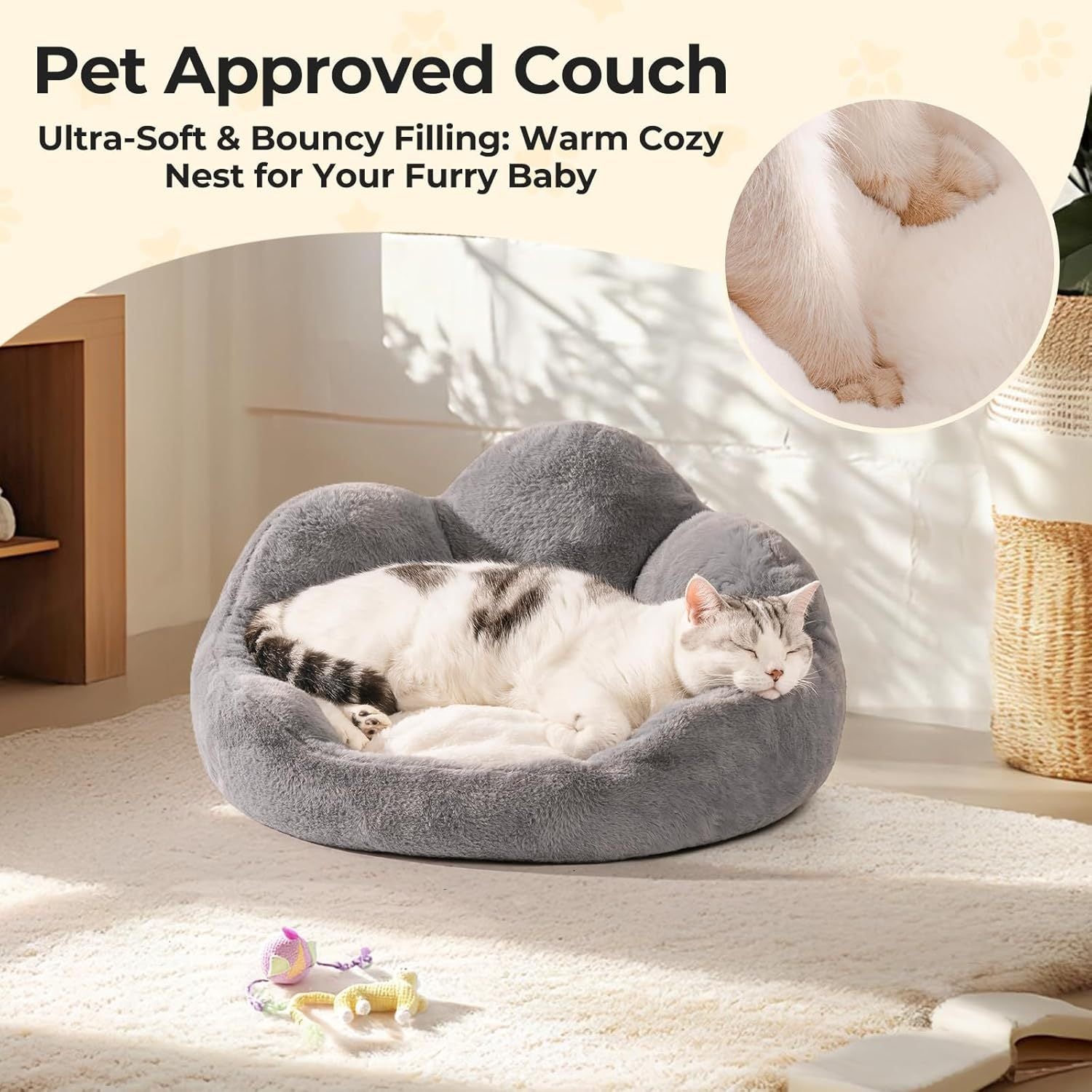 Ultra-Soft Flower Cat Bed – 360° Support Donut Cushion with Faux Rabbit Fur & Non-Slip Base
