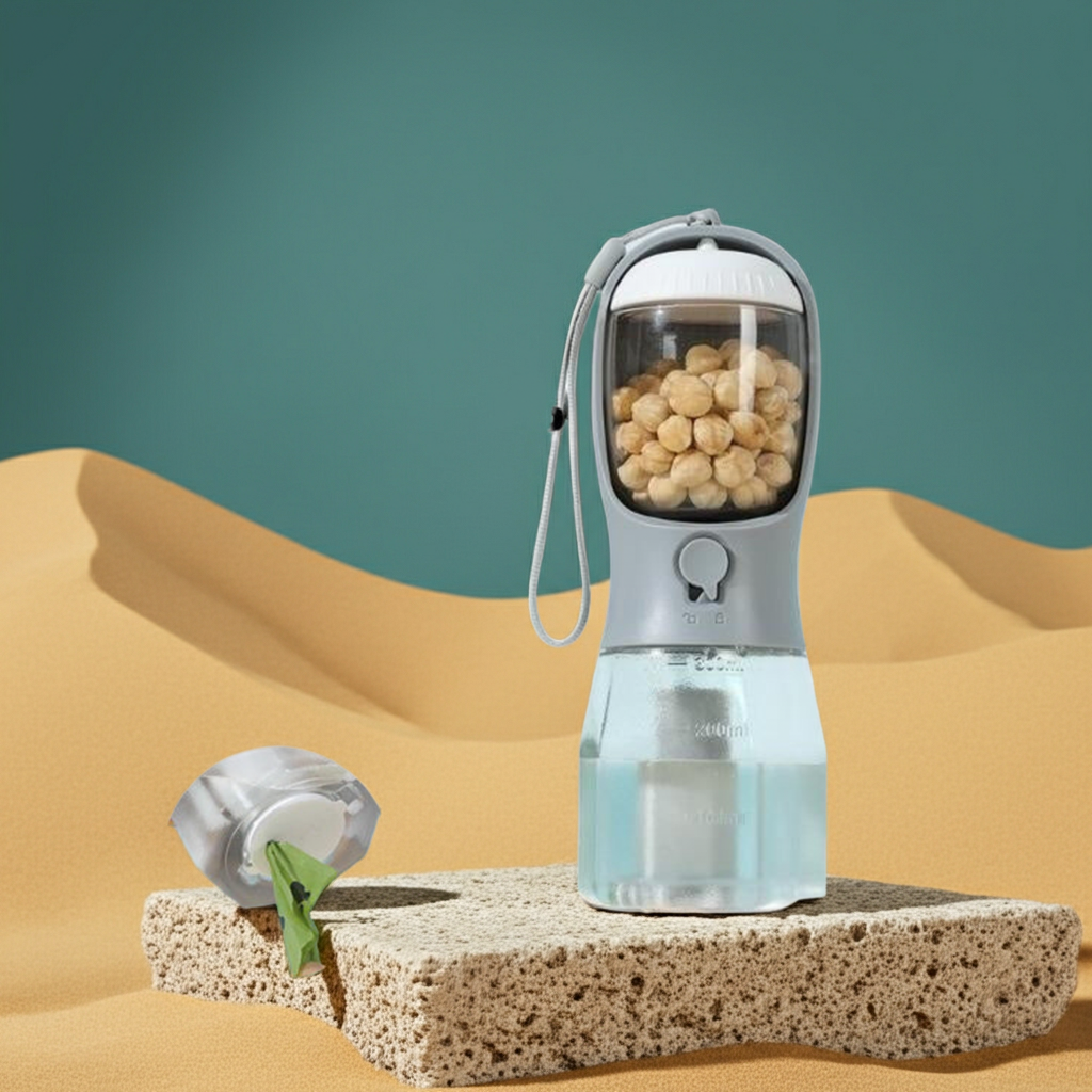 Travel Dog Water Bottle 3-in-1 – Water Dispenser, Snack Holder & Waste Bag Storage